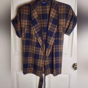 Pendleton M NavyBrownPlaid Shrtslv BeltPockets VirginWool WomenOpenedCardiganUSA